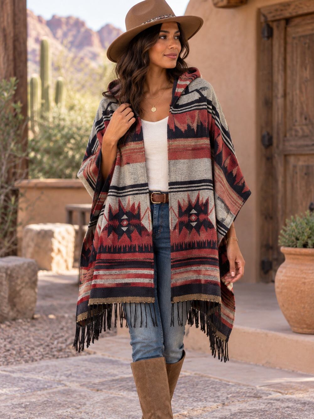 APT 9 Southwestern Hooded Poncho Wrap One Size Fringe Boho Aztec Tribal